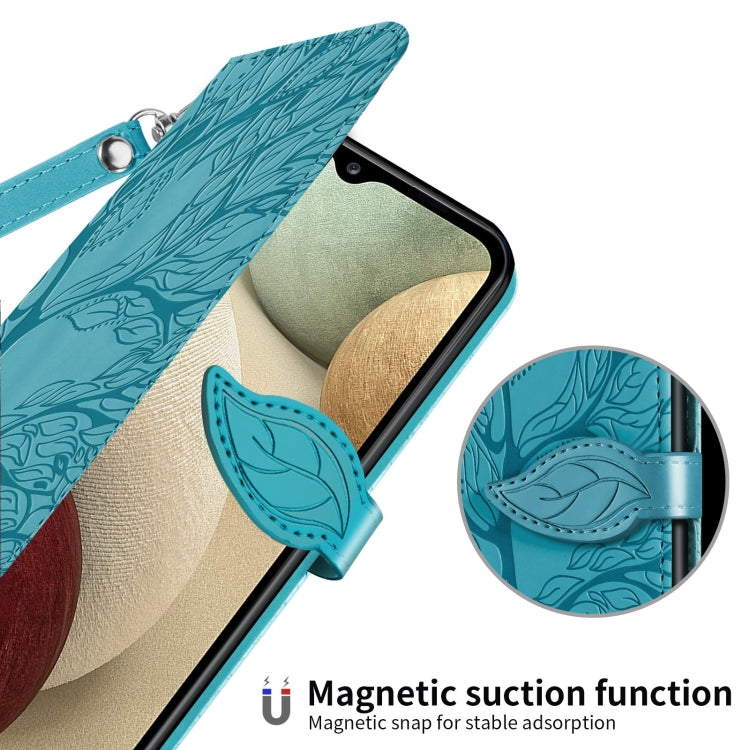 Para Samsung Galaxy A14 5G Life Tree Relieve Patrón Funda de cuero para teléfono (Azul)