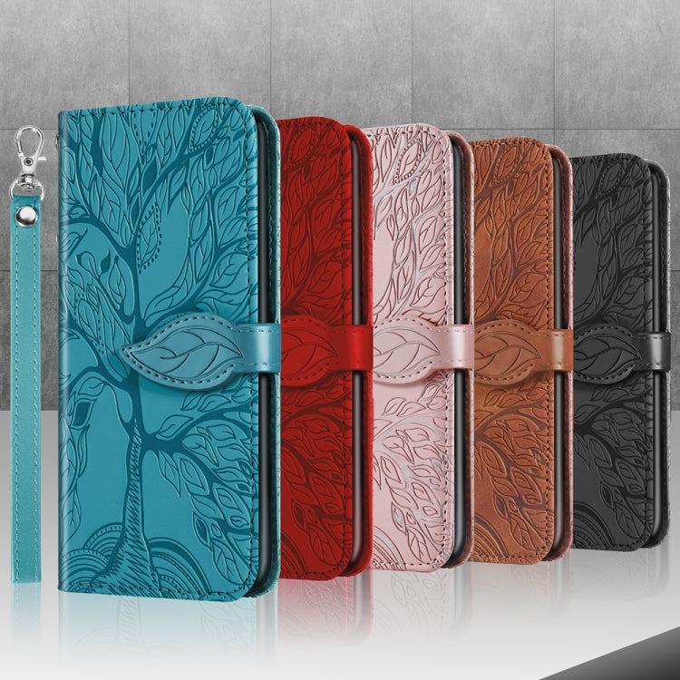 Para Samsung Galaxy A14 5G Life Tree Relieve Patrón Funda de cuero para teléfono (Azul)