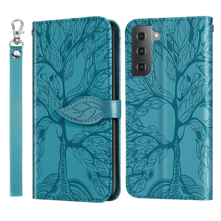 Para Samsung Galaxy S23 5G Life Tree Relieve Patrón Funda de cuero para teléfono (Azul)