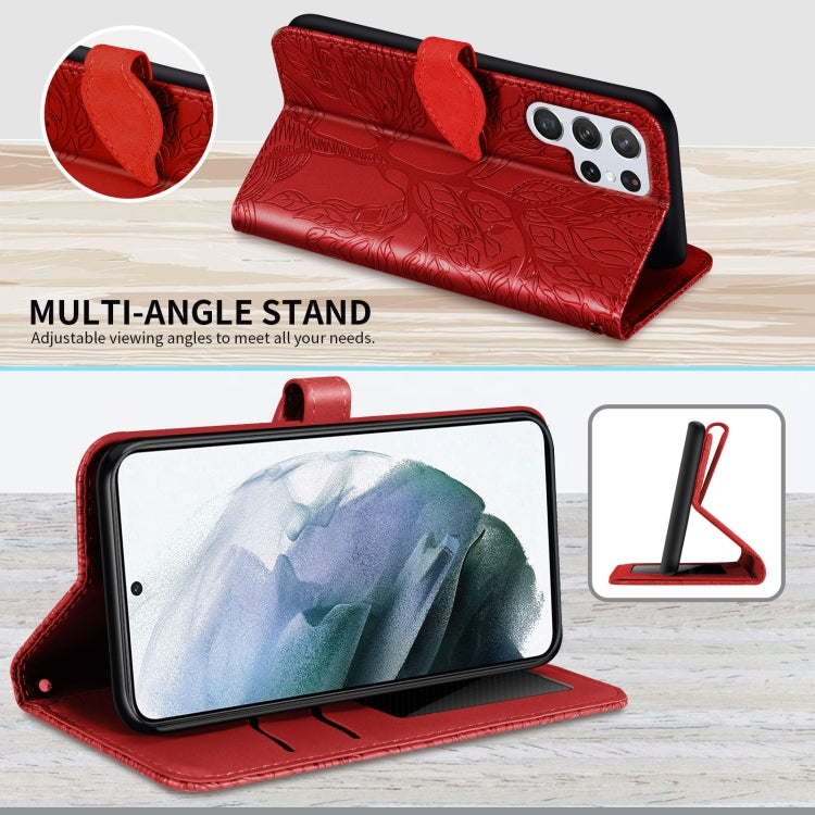 Para Samsung Galaxy S23 Ultra 5G Life Tree Relieve Patrón Funda de cuero para teléfono (Rojo)