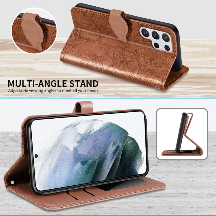 Para Samsung Galaxy S23 Ultra 5G Life Tree Relieve Patrón Funda de cuero para teléfono (marrón)