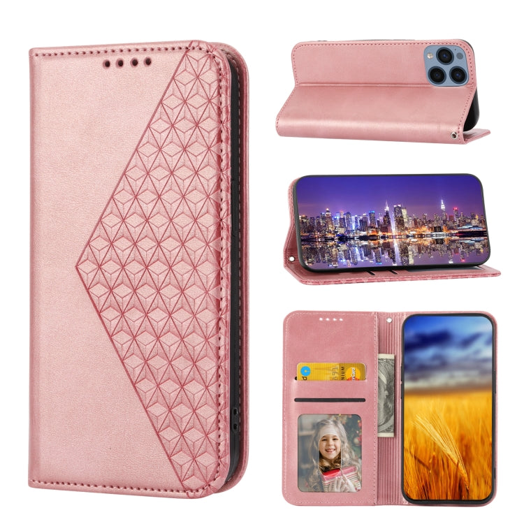 Para Sony Xperia 5 IV Caja de teléfono de cuero magnético con textura de pantorrilla de rejilla cúbica (oro rosa)