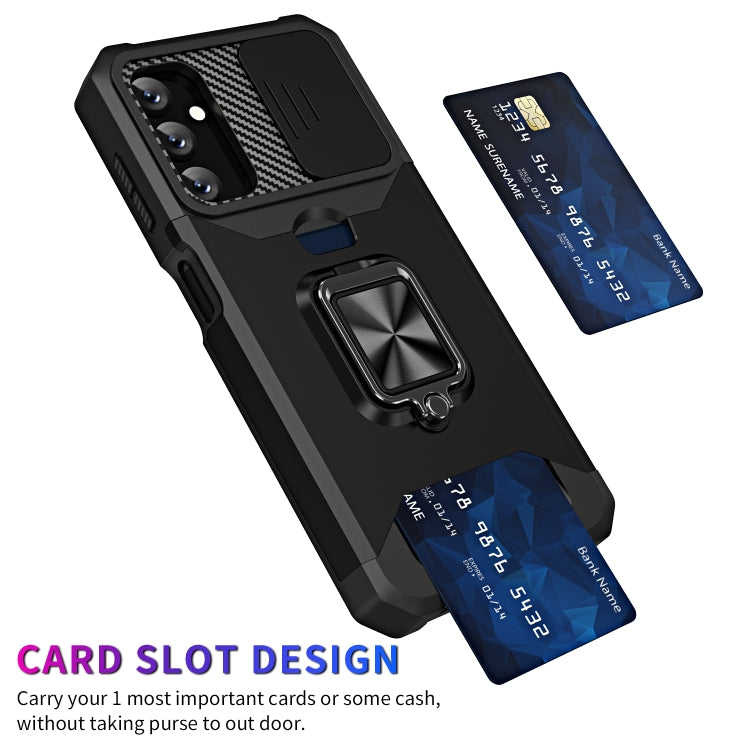 Estuche Deslizante Samsung Galaxy A14 5G Camshield con Soporte para Anillo y Ranura para Tarjeta (Negro)