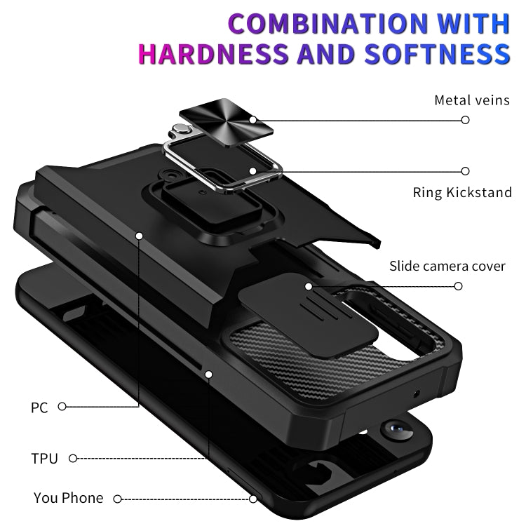 Estuche Deslizante Samsung Galaxy A14 5G Camshield con Soporte para Anillo y Ranura para Tarjeta (Negro)