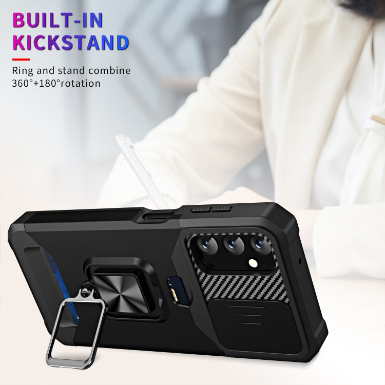 Estuche Deslizante Samsung Galaxy A14 5G Camshield con Soporte para Anillo y Ranura para Tarjeta (Negro)
