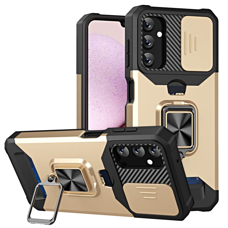 Estuche deslizante Samsung Galaxy A14 5G Camshield soporte anillo ranura tarjeta (Oro)