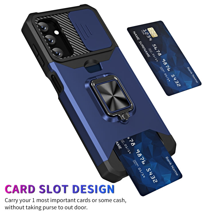 Estuche deslizante para Samsung Galaxy A14 5G Camshield con soporte para anillo y ranura para tarjeta (Azul)