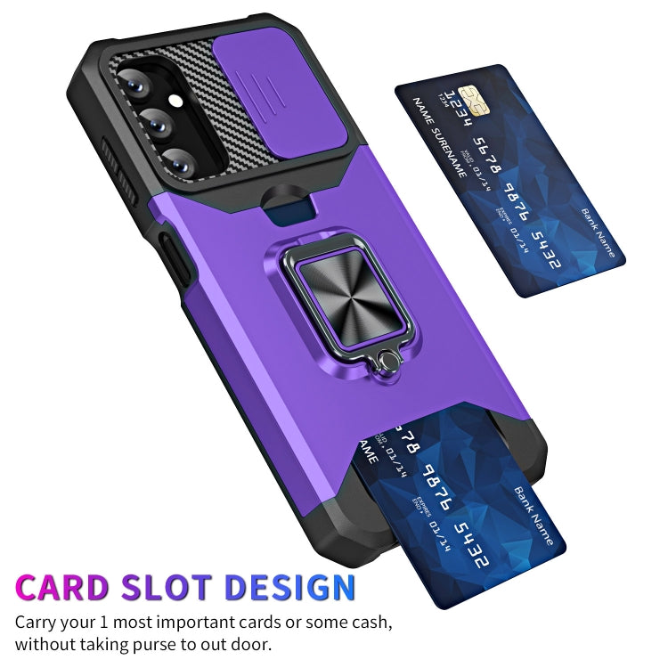 Estuche Deslizante Samsung Galaxy A14 5G Camshield con Soporte y Ranura para Tarjeta (Púrpura)