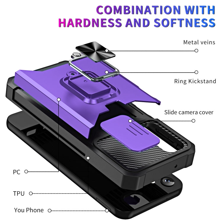 Estuche Deslizante Samsung Galaxy A14 5G Camshield con Soporte y Ranura para Tarjeta (Púrpura)