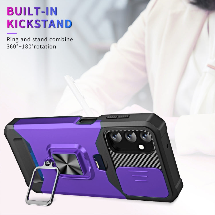 Estuche Deslizante Samsung Galaxy A14 5G Camshield con Soporte y Ranura para Tarjeta (Púrpura)