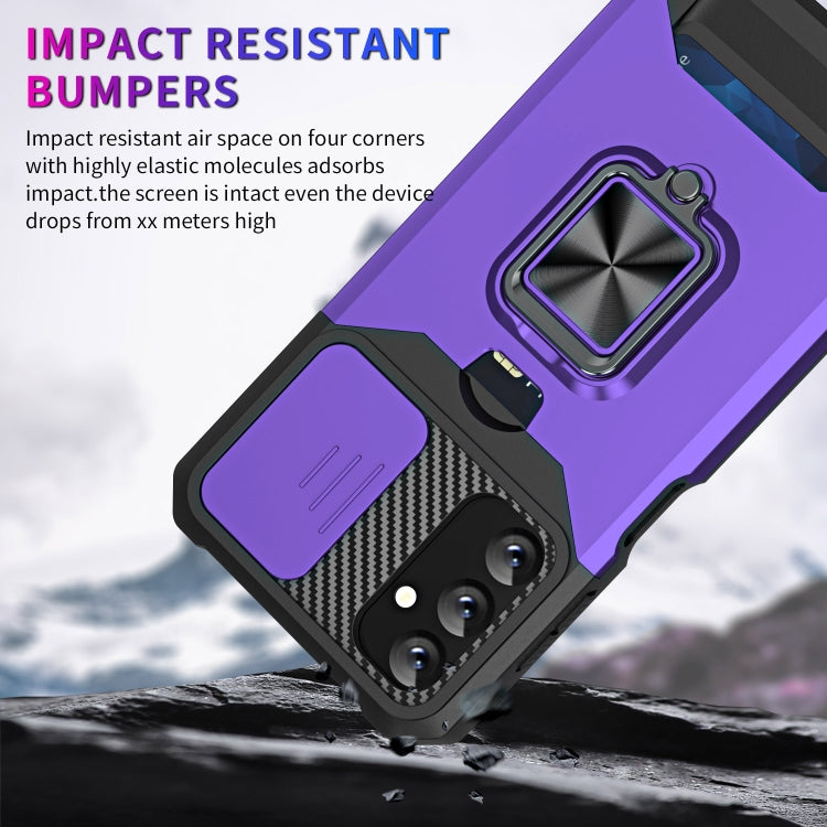 Estuche Deslizante Samsung Galaxy A14 5G Camshield con Soporte y Ranura para Tarjeta (Púrpura)