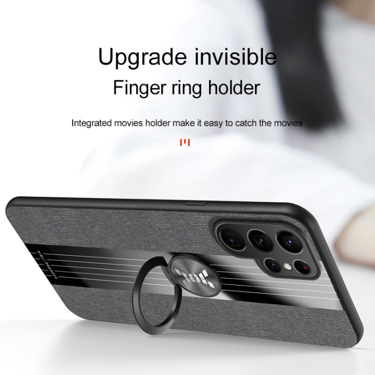 Para Samsung Galaxy S22 Ultra 5G XINLI Costura de tela Textura TPU Funda para teléfono con soporte para anillo (Negro)