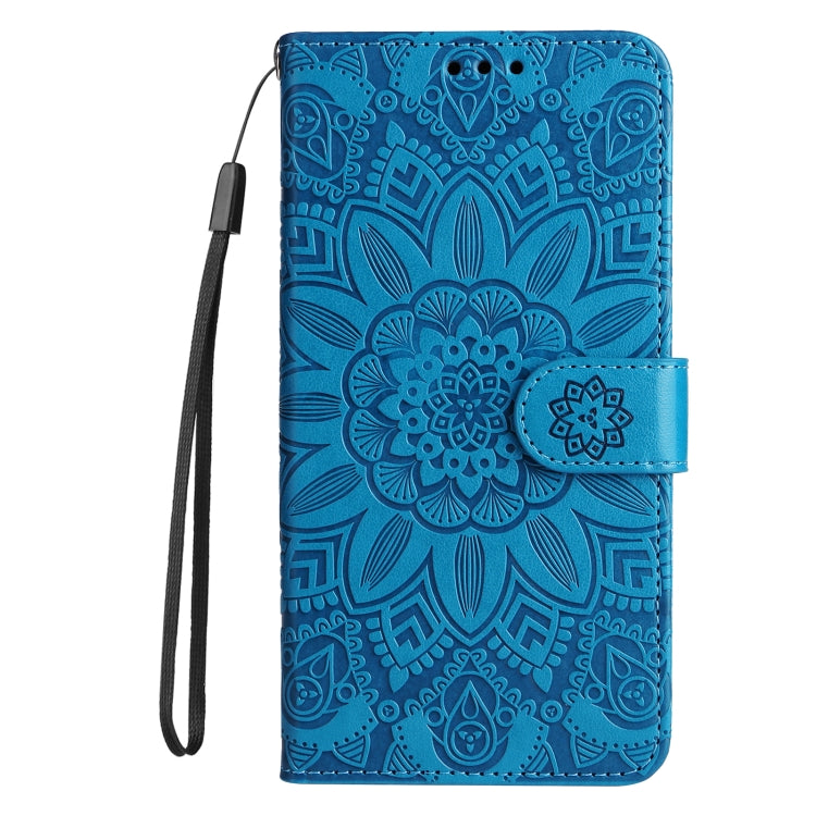 Para Huawei nova Y61 Funda de teléfono de cuero con estampado de girasol en relieve (Azul)