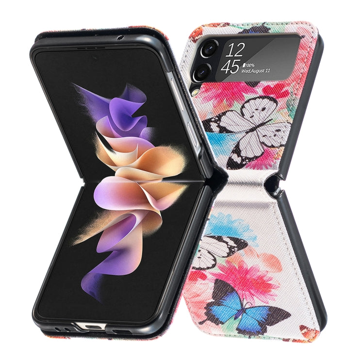 Para Samsung Galaxy Z Flip3 5G Estuche para teléfono de cuero magnético invisible con dibujo coloreado (mariposas)