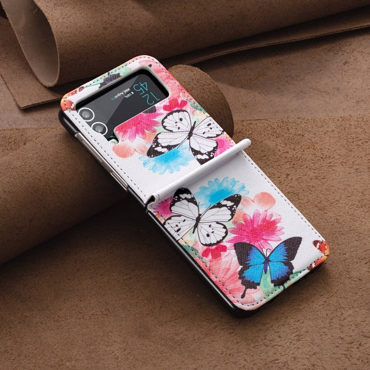 Para Samsung Galaxy Z Flip3 5G Estuche para teléfono de cuero magnético invisible con dibujo coloreado (mariposas)