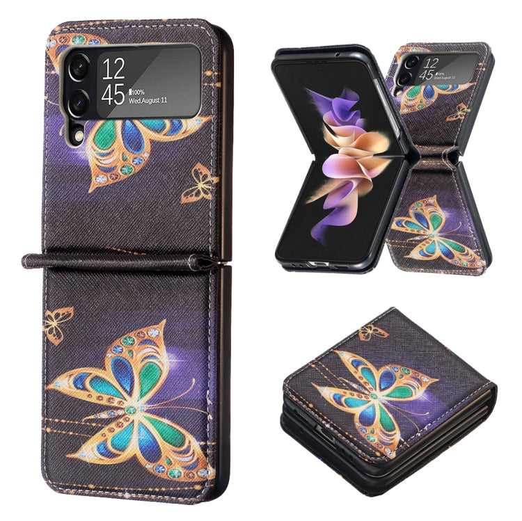 Para Samsung Galaxy Z Flip4 Estuche para teléfono de cuero magnético invisible con dibujo coloreado (mariposa grande)