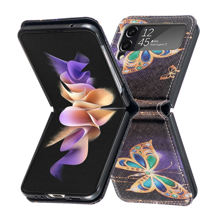 Para Samsung Galaxy Z Flip4 Estuche para teléfono de cuero magnético invisible con dibujo coloreado (mariposa grande)