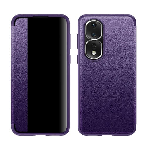 Para Honor 80 Pro Estuche para teléfono inteligente de cuero con vista de ventana lateral magnética (púrpura)