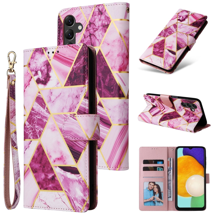 Para Samsung Galaxy A14 5G Estuche para teléfono de cuero con costuras bronceadoras de mármol (púrpura)