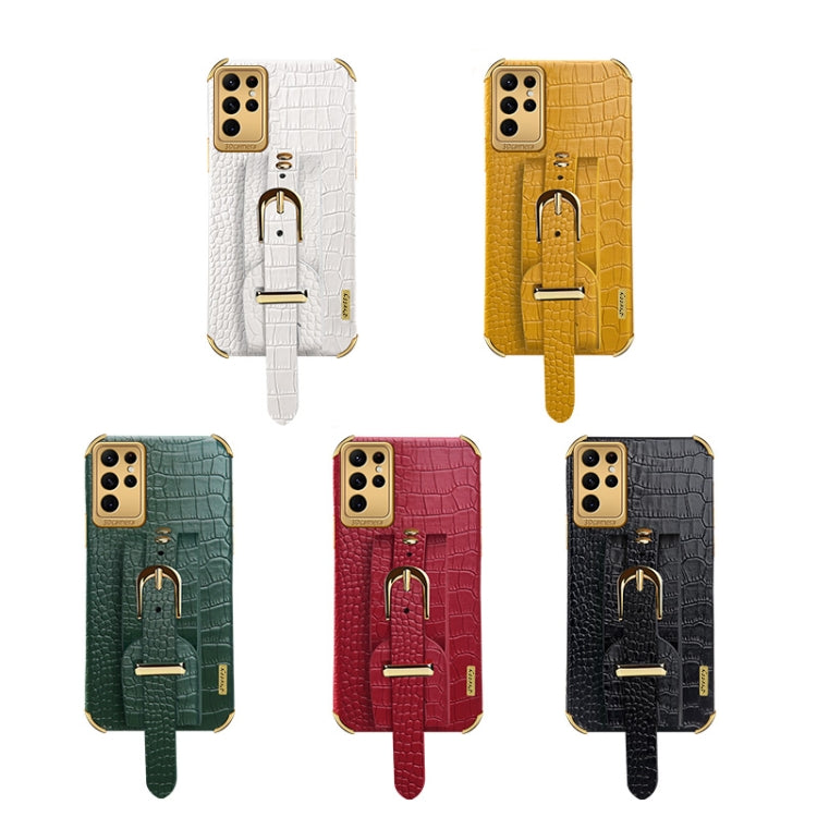Para Samsung Galaxy S23 Ultra 5G Estuche de cuero con patrón de cocodrilo de TPU galvanizado con correa para la muñeca (Amarillo)