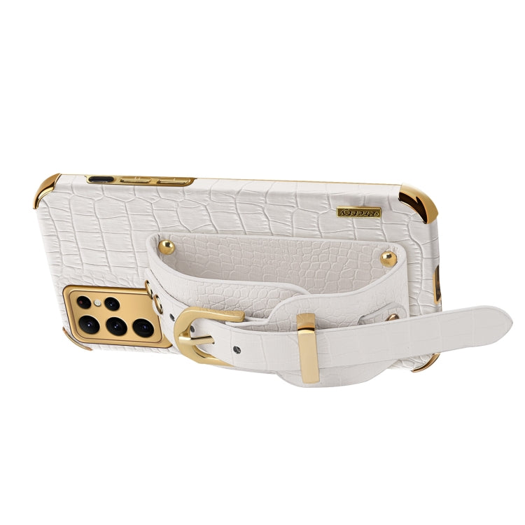 Para Samsung Galaxy S23 Ultra 5G Estuche de cuero con patrón de cocodrilo de TPU galvanizado con correa para la muñeca (Blanco)