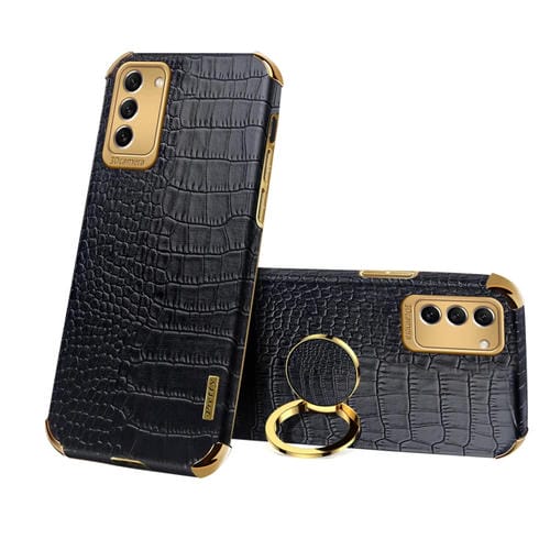 Para Samsung Galaxy S23 5G 6D Galvanoplastia Caja del teléfono con textura de cocodrilo con soporte (Negro)
