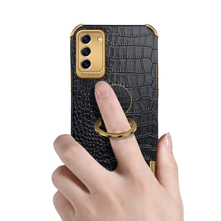 Para Samsung Galaxy S23 5G 6D Galvanoplastia Caja del teléfono con textura de cocodrilo con soporte (Negro)