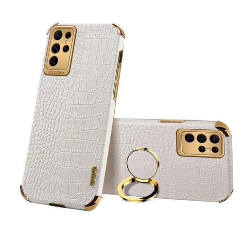 Para Samsung Galaxy S23 Ultra 5G 6D Galvanoplastia Caja del teléfono con textura de cocodrilo con soporte (Blanco)