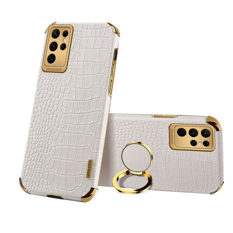 Para Samsung Galaxy S23 Ultra 5G 6D Galvanoplastia Caja del teléfono con textura de cocodrilo con soporte (Blanco)