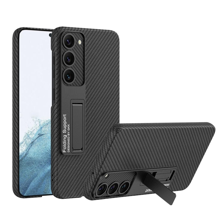 Para Samsung Galaxy S23 5G GKK Funda de teléfono a prueba de golpes de cuero liso con soporte (fibra de carbono)