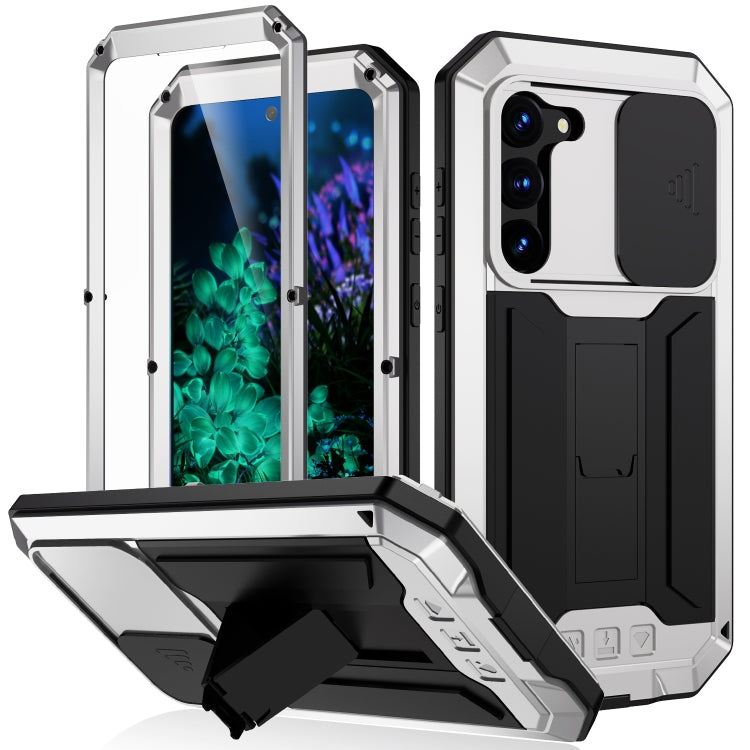 Para Samsung Galaxy S23+ 5G R-JUST Diseño de cámara deslizante Vida impermeable a prueba de polvo Funda de teléfono a prueba de golpes (Plata)