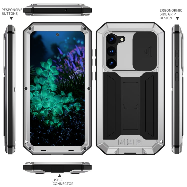 Para Samsung Galaxy S23+ 5G R-JUST Diseño de cámara deslizante Vida impermeable a prueba de polvo Funda de teléfono a prueba de golpes (Plata)