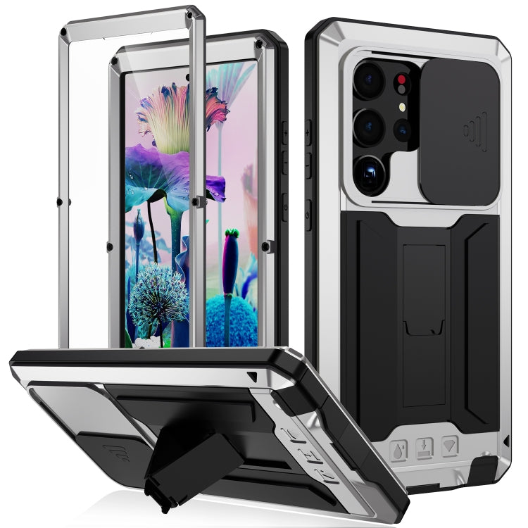 Para Samsung Galaxy S23 Ultra 5G R-JUST Diseño de cámara deslizante Vida impermeable a prueba de polvo Funda de teléfono a prueba de golpes (Plata)