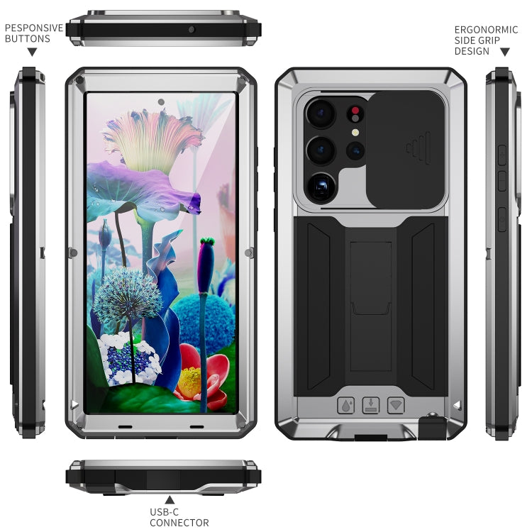 Para Samsung Galaxy S23 Ultra 5G R-JUST Diseño de cámara deslizante Vida impermeable a prueba de polvo Funda de teléfono a prueba de golpes (Plata)