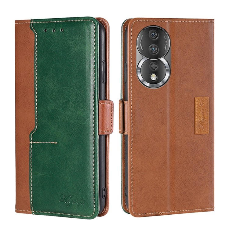 Estuche para Teléfono Honor 80 de Cuero con Hebilla Lateral y Color de Contraste (Marrón Claro + Verde)