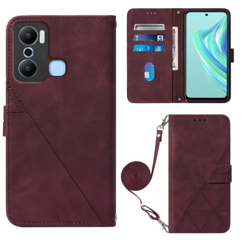 Funda de Cuero con Tapa En Relieve para Infinix Hot 20 Play Crossbody (Rojo Vino)