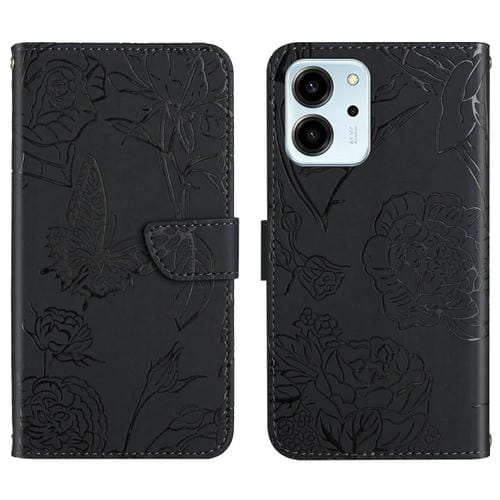 Funda de Cuero para Honor 80 SE HT03 con Tapa en Relieve y Diseño Butterfly (Negro)