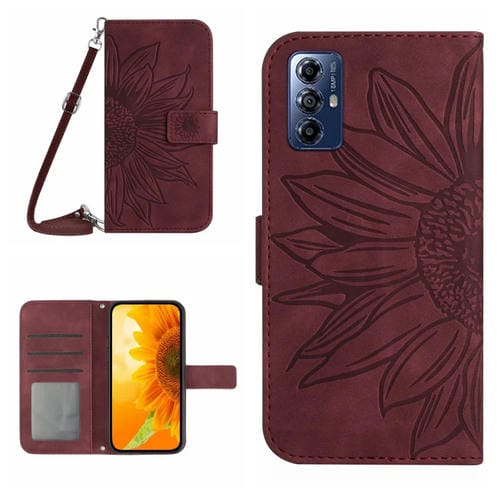 Funda de Cuero Motorola Moto G Play 2023 Ht04 con Tapa en Relieve y Cordón (Rojo Vino)