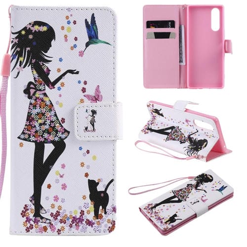 Para Sony XZ5 Painting Funda de cuero con tapa horizontal con soporte, ranura para tarjeta y cordón (mujer y gato)