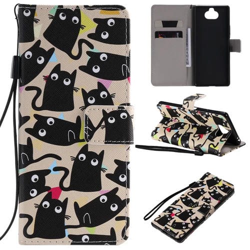 Para Sony Xperia 20 Painting Funda de cuero con tapa horizontal con soporte, ranura para tarjeta y cordón (gato)