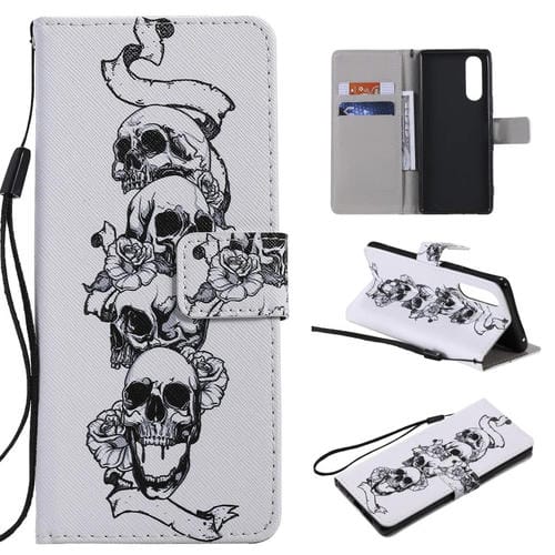 Para Sony XZ5 Painting Funda de cuero con tapa horizontal con soporte, ranura para tarjeta y cordón (hueso de cráneo)