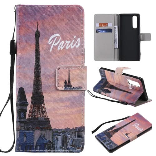 Para Sony XZ5 Painting Funda de cuero con tapa horizontal con soporte, ranura para tarjeta y cordón (Torre Eiffel)