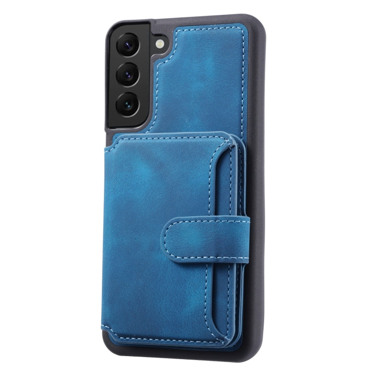 Para Samsung Galaxy S21 FE 5G Skin Feel Dream Cepillo antirrobo a prueba de golpes Funda portátil para tarjeta de piel Funda para teléfono (Azul pavo real)