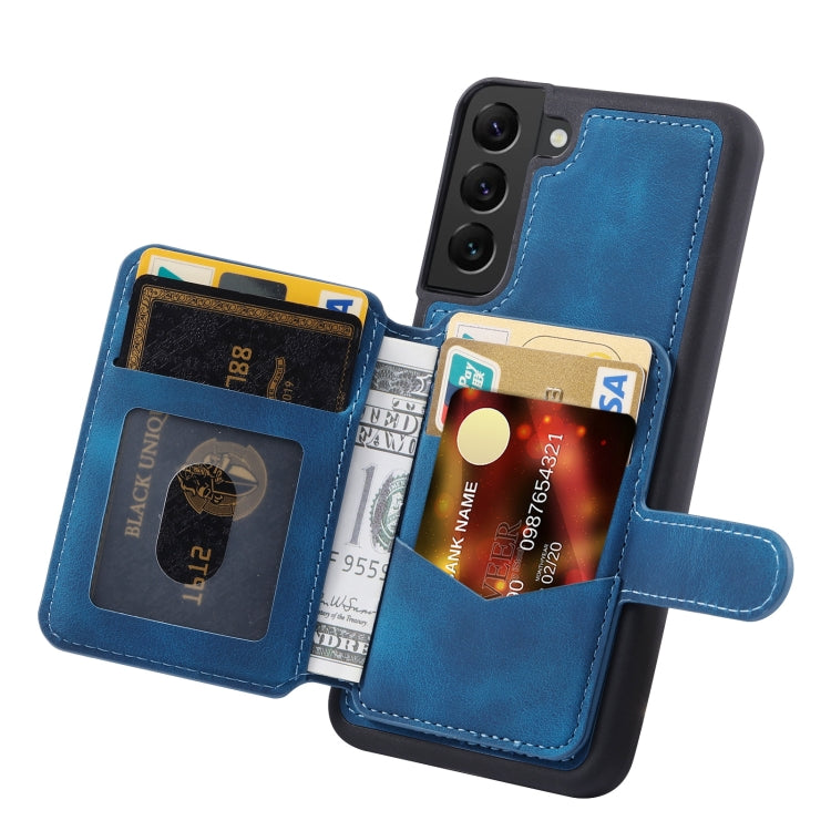 Para Samsung Galaxy S21 FE 5G Skin Feel Dream Cepillo antirrobo a prueba de golpes Funda portátil para tarjeta de piel Funda para teléfono (Azul pavo real)