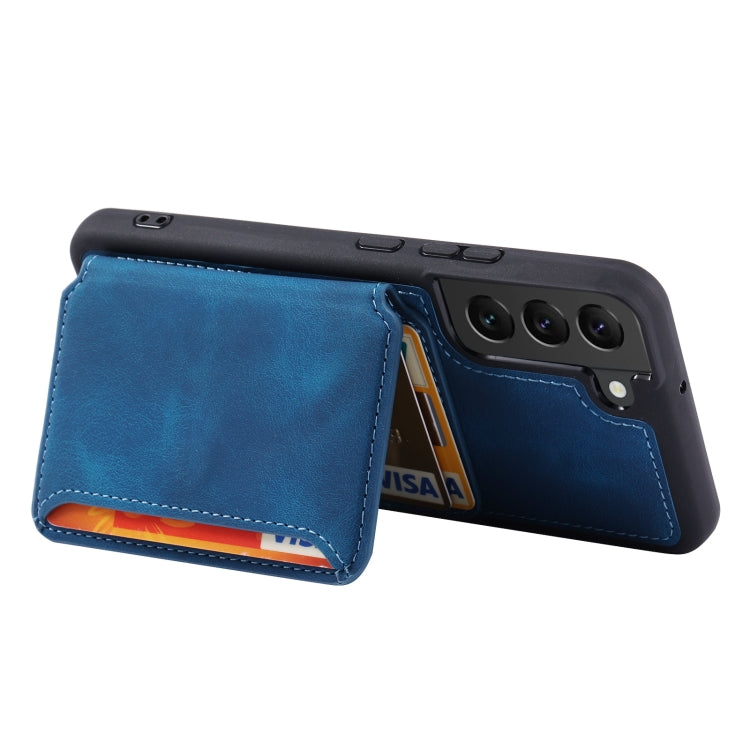 Para Samsung Galaxy S21 FE 5G Skin Feel Dream Cepillo antirrobo a prueba de golpes Funda portátil para tarjeta de piel Funda para teléfono (Azul pavo real)