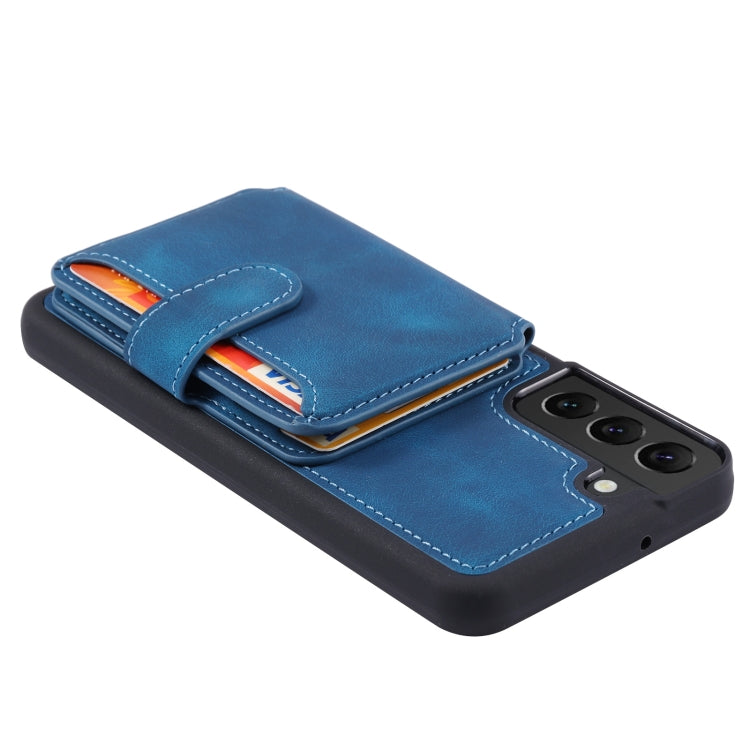 Para Samsung Galaxy S21 FE 5G Skin Feel Dream Cepillo antirrobo a prueba de golpes Funda portátil para tarjeta de piel Funda para teléfono (Azul pavo real)
