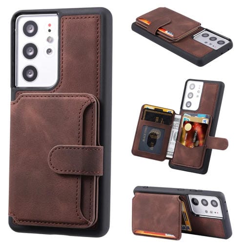 Para Samsung Galaxy S21 Ultra 5G Skin Feel Dream Cepillo antirrobo a prueba de golpes Estuche portátil para tarjeta de piel (café)
