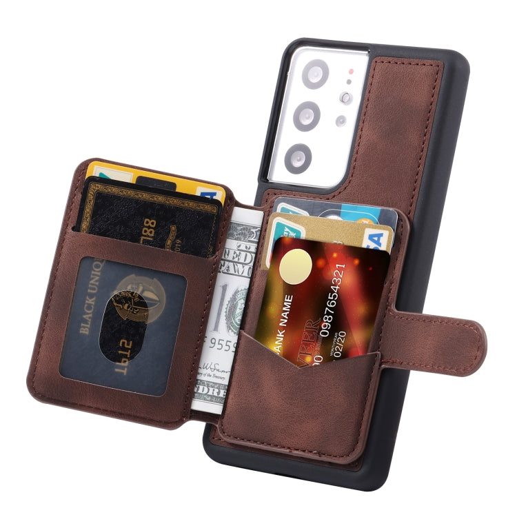 Para Samsung Galaxy S21 Ultra 5G Skin Feel Dream Cepillo antirrobo a prueba de golpes Estuche portátil para tarjeta de piel (café)