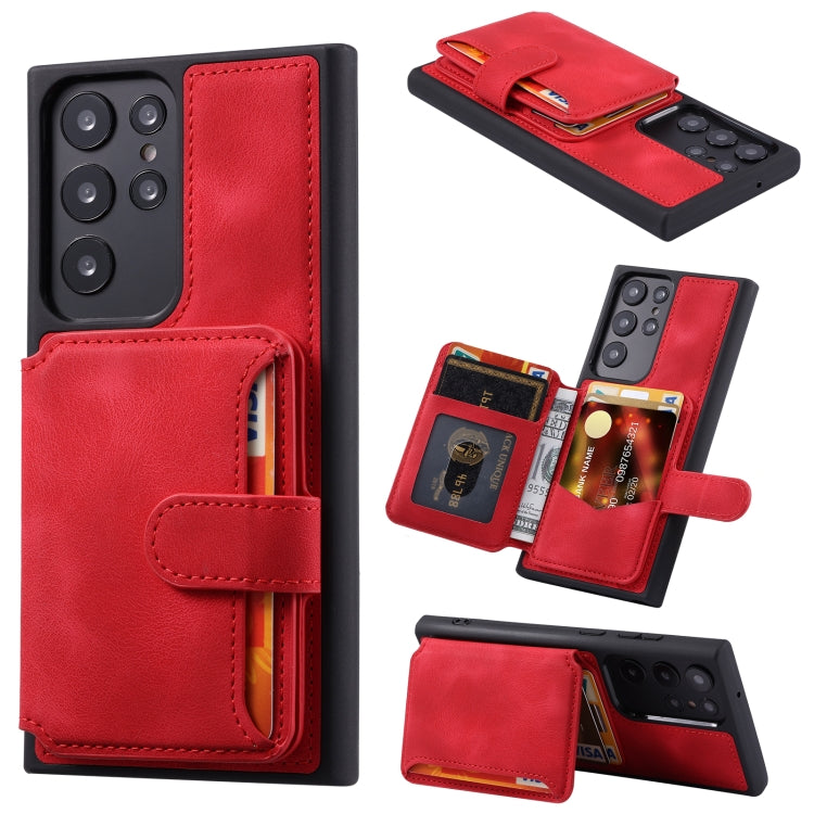 Para Samsung Galaxy S22 Ultra 5G Skin Feel Dream Cepillo antirrobo a prueba de golpes Funda portátil para tarjeta de piel Funda para teléfono (Rojo)