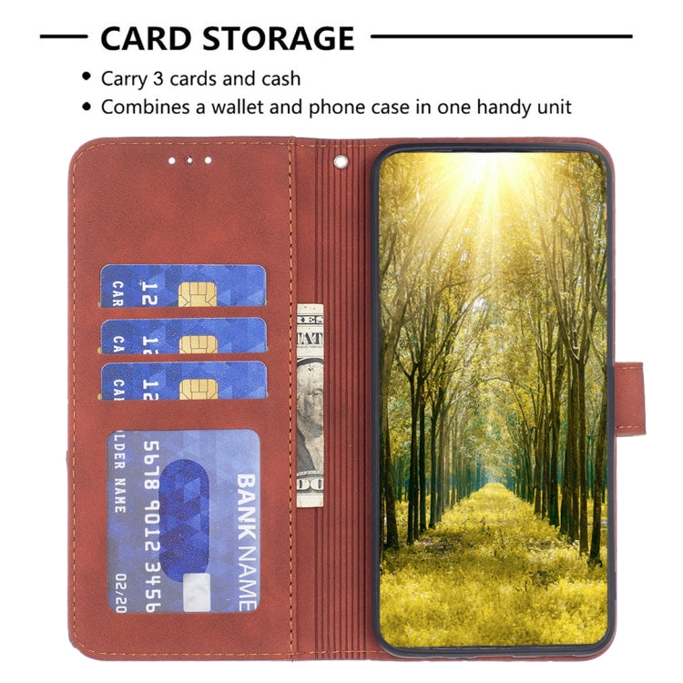 Para Samsung Galaxy M14 5G Hebilla magnética Rombo Textura Funda de cuero para teléfono (Marrón)